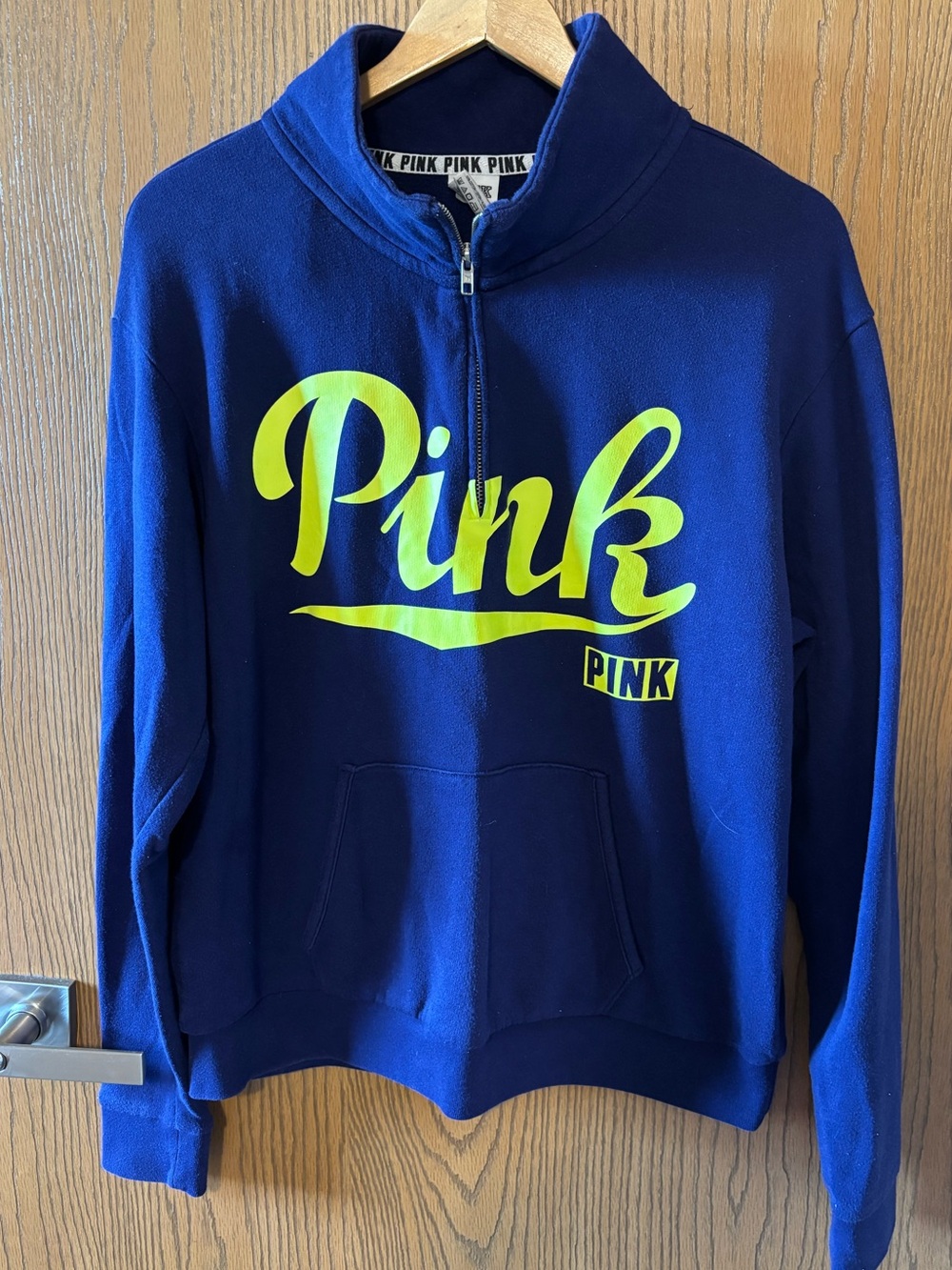 Victoria's Secret PINK Navy Half-Zip Pullover with Neon Yellow Logo